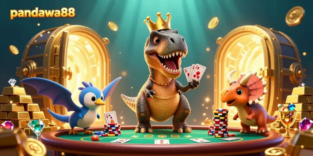 Permainan kartu yang menarik di pandawa88 dengan karakter dinosaurus yang lucu, mengumpulkan chip emas.