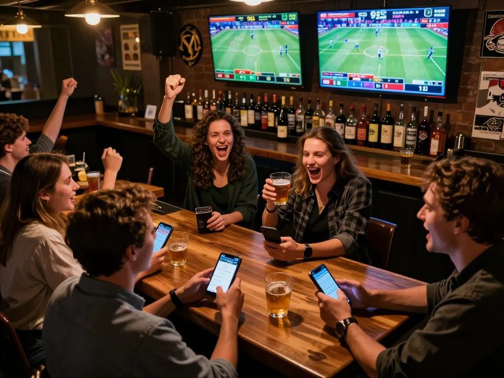 SC88 sports bettors cheering while using betting apps on mobile devices in vibrant bar atmosphere