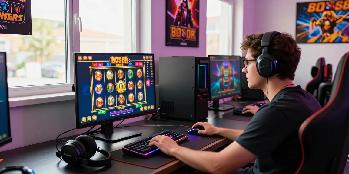 Pengalaman bermain game online BOS88 Online di ruang gaming modern yang cerah.