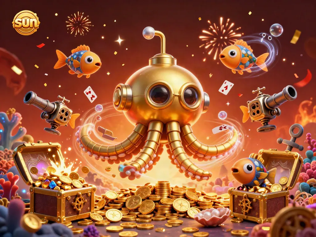 Engage in thrilling online casino action with the vibrant sun-themed kraken submarine illustration.