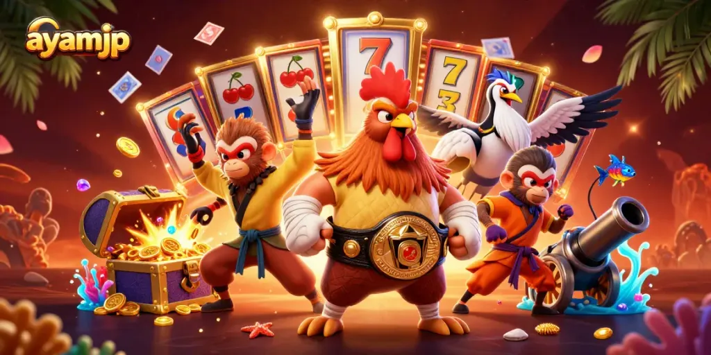 Engage in thrilling slots adventures with ayamjp's vibrant casino illustration featuring unique characters.