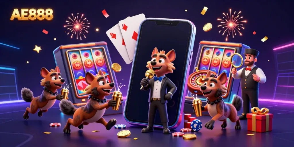Hyenas celebrate at AE888 casino with vibrant gaming elements and a lively atmosphere.