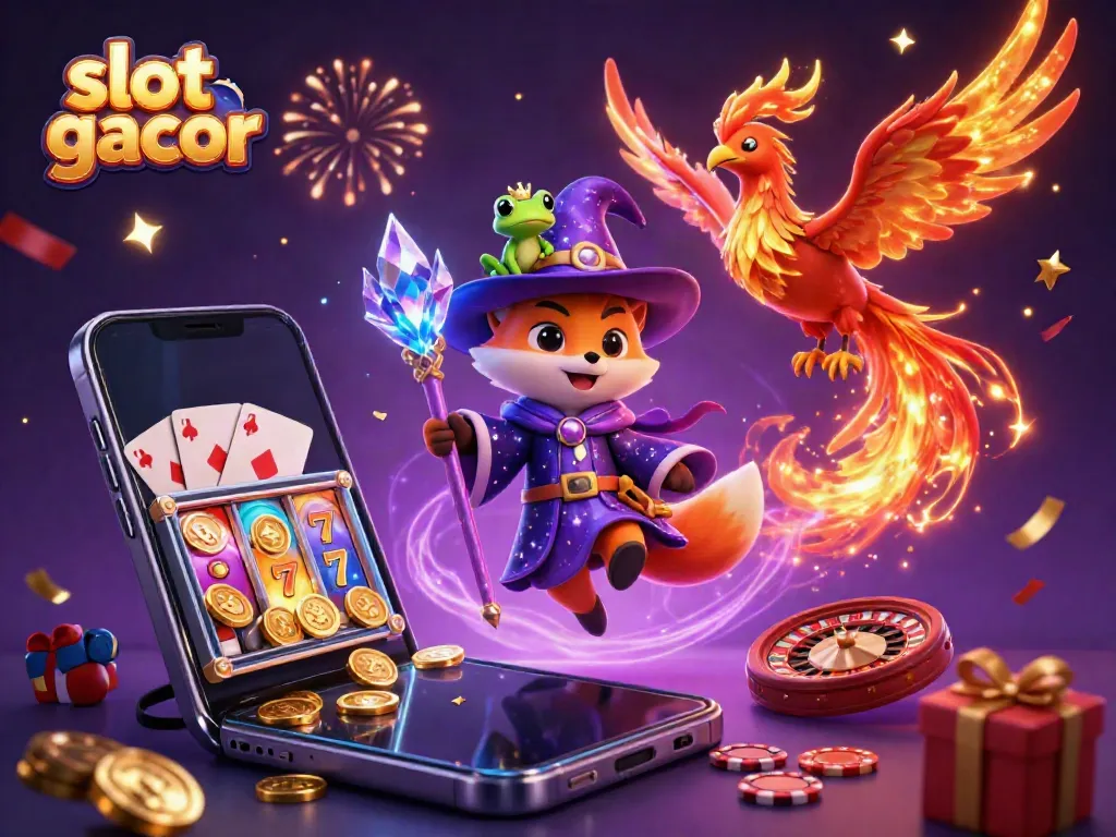 Menangkan slot gacor dengan ilustrasi kasino 3D yang menampilkan penyihir, phoenix, dan elemen permainan menarik.
