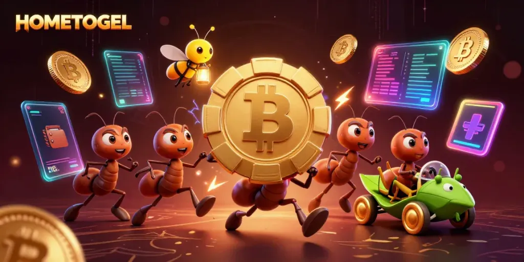 Engage with HOMETOGEL as ants steal a giant poker chip in a vibrant casino heist scene.