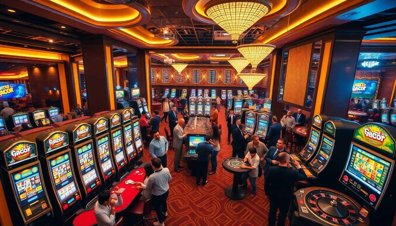 Area mesin slot yang hidup di kasino dengan warna-warna cerah dan dekorasi yang stylish, menonjolkan situs gacor.