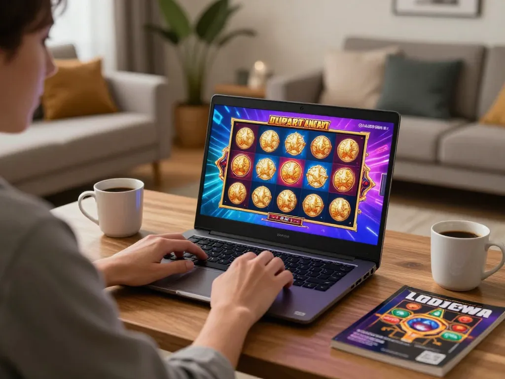 Engaging in online slots at home with LGODEWA, showcasing a player's exciting gaming experience