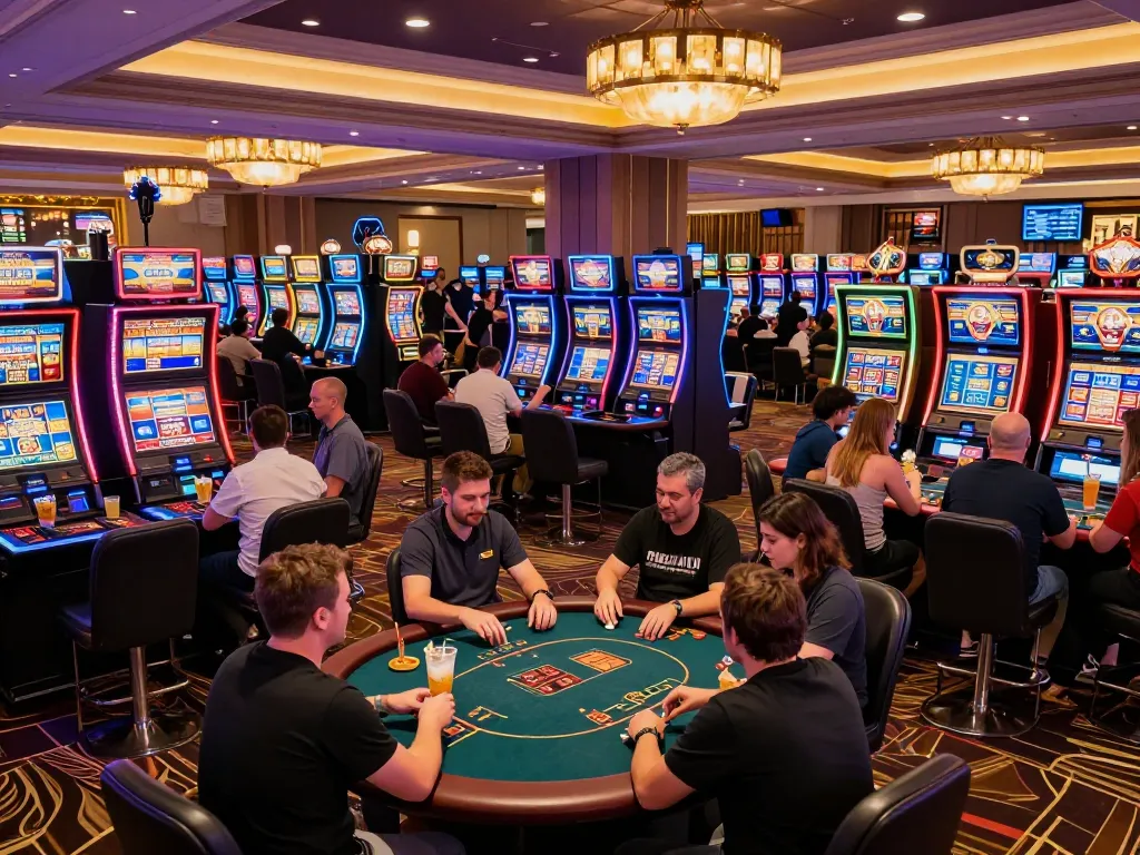Players enjoying dynamic slots and poker in a lively casino, featuring top 10 game bài experiences.