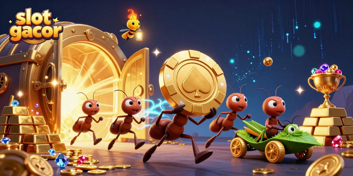 Engaging scene of slot gacor featuring ants and a grasshopper in a treasure heist.