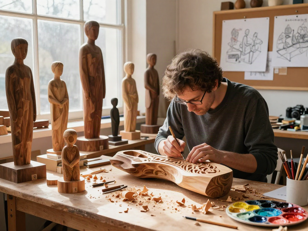 Proses pembuatan seni ukiran kayu oleh alexistogel di studio kreatif.