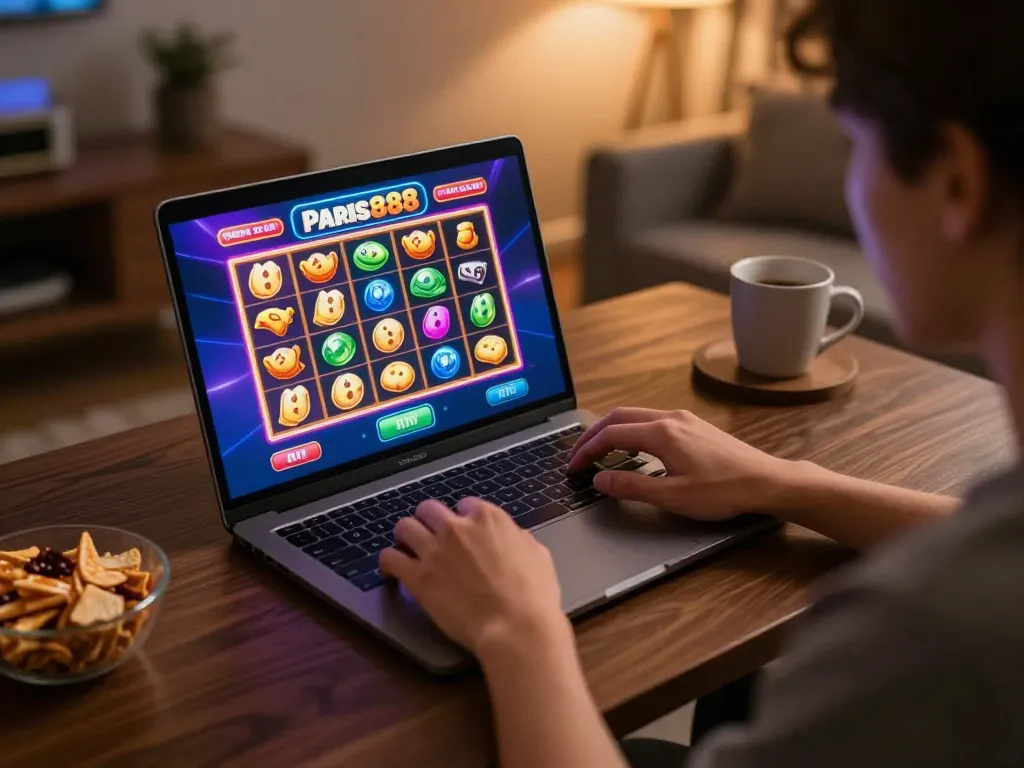 Engaging in online slots on paris888 platform within a cozy gaming setup.
