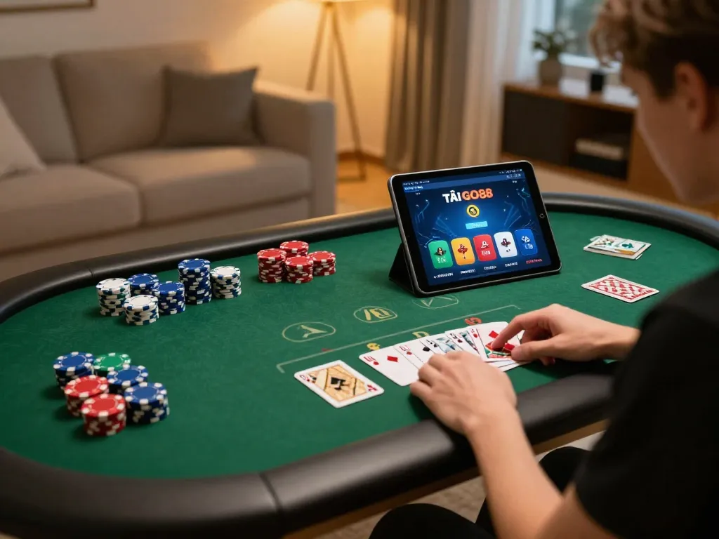 TẢI GO88 on tablet in cozy home gaming setup with poker chips and cards.