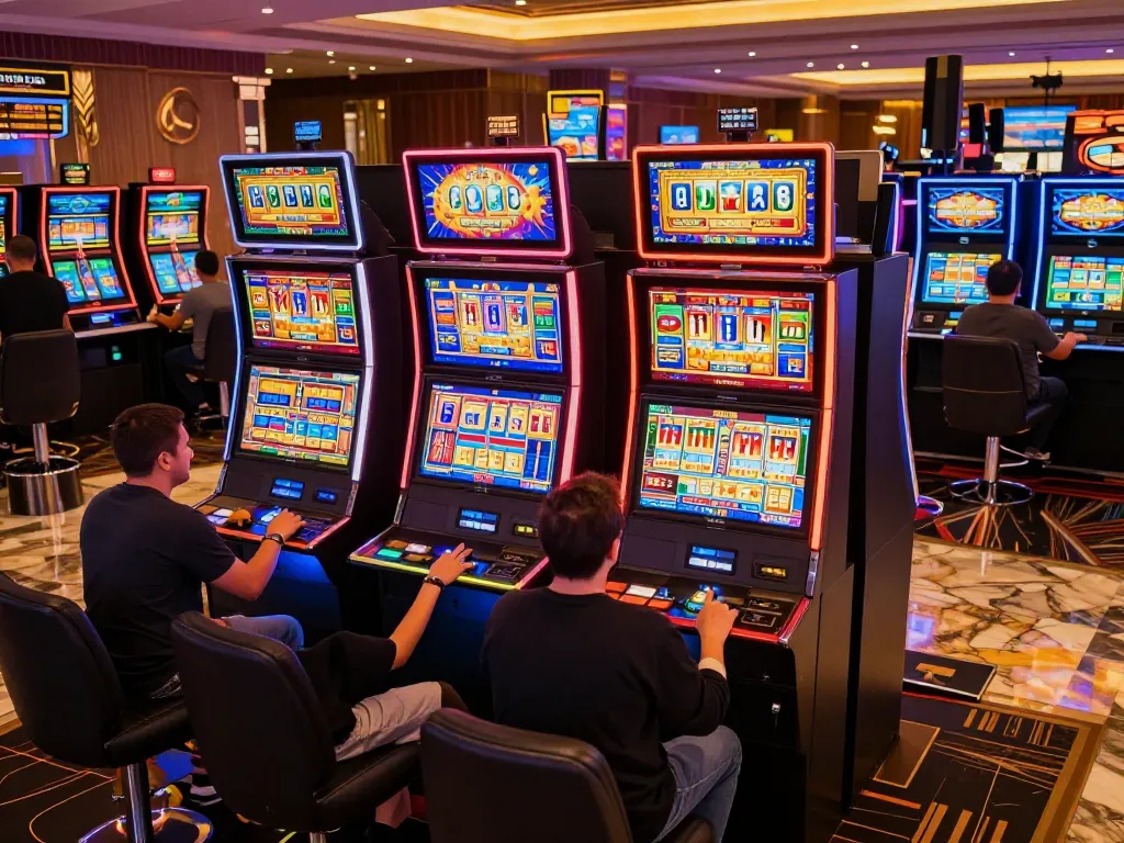 PULSASLOT players enjoying vibrant slot machines with exciting gameplay in a lively casino atmosphere