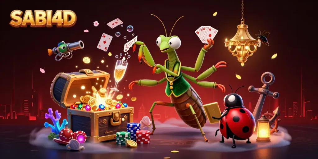 Mainkan SABI4D dengan kartu, chip, dan kaca bersinar di alam kasino yang berwarna-warni.