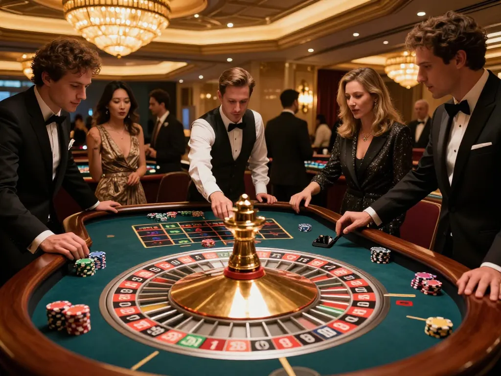 Engaged players at the alfa 138 roulette table place bets in a vibrant casino setting.