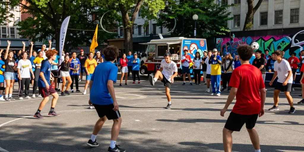 Jebolwd street soccer tournament showcasing young athletes in vibrant jerseys, energetic competition, and community spirit.