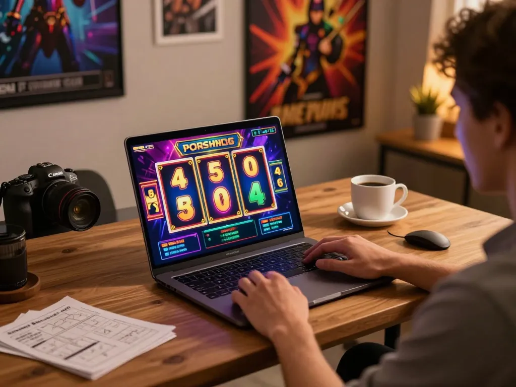 Experience gaming excitement with boosterjp slots displayed on a vibrant laptop screen during a cozy online gaming session