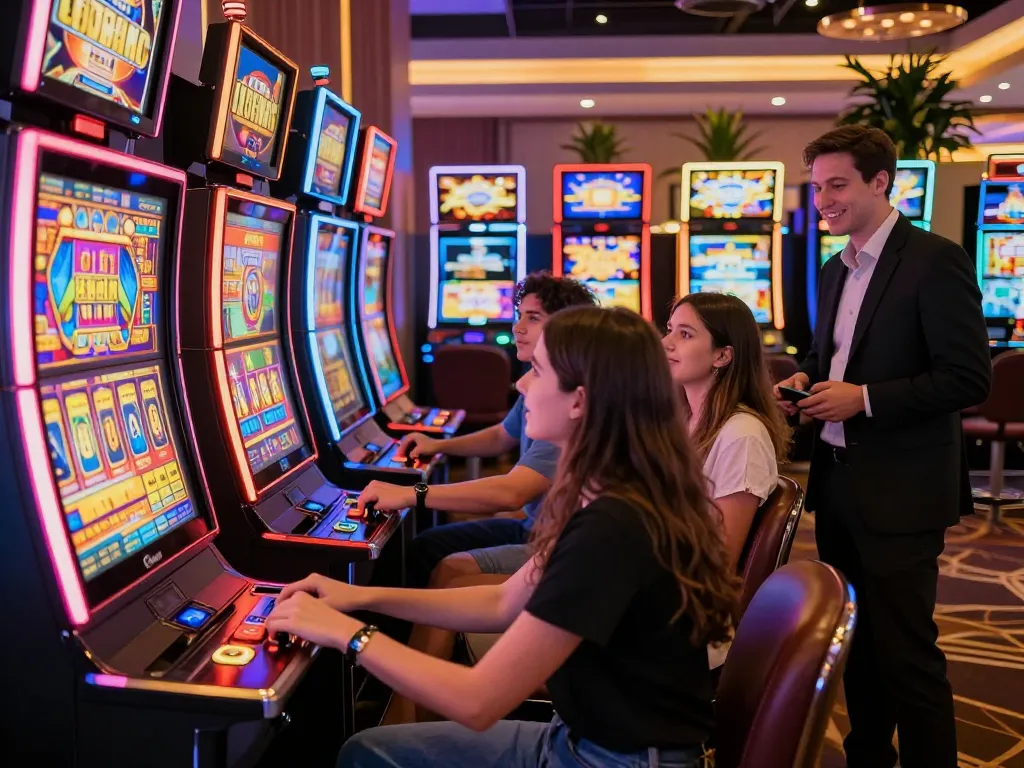 Group of friends at a casino enjoying slot games together, showcasing excitement and entertainment.