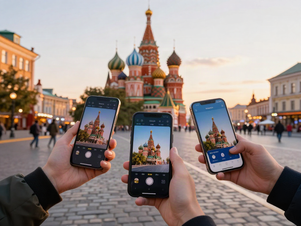 Pengunjung menggunakan https://payinrussia.com/ untuk pembayaran digital saat menjelajahi Rusia, dengan latar belakang landmark ikonik.