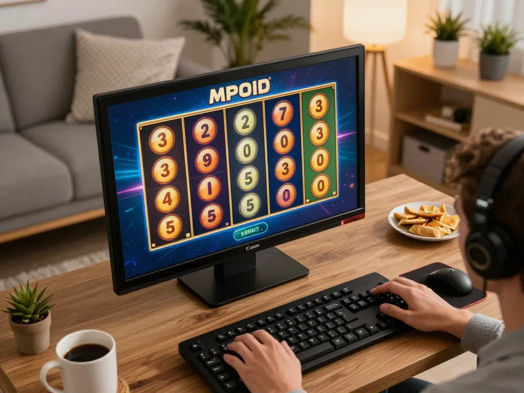 MPOID player interacting with exciting video slots during a cozy home gaming session.