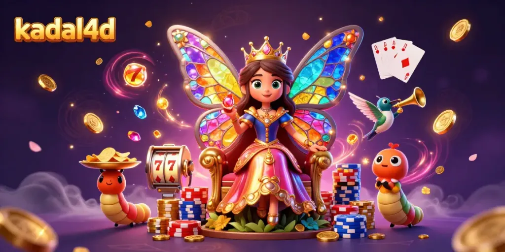 Engage in exciting gameplay with kadal4d's vibrant 3D casino scene featuring slot machines and royal flush cards.