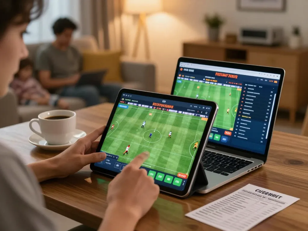 LIGA2000 betting enthusiast analyzing live sports scores on tablet, strategic planning in action.