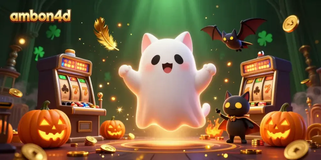 Experience thrilling gameplay at ambon4d with the friendly ghost cat and vampire bat in an enchanting casino.