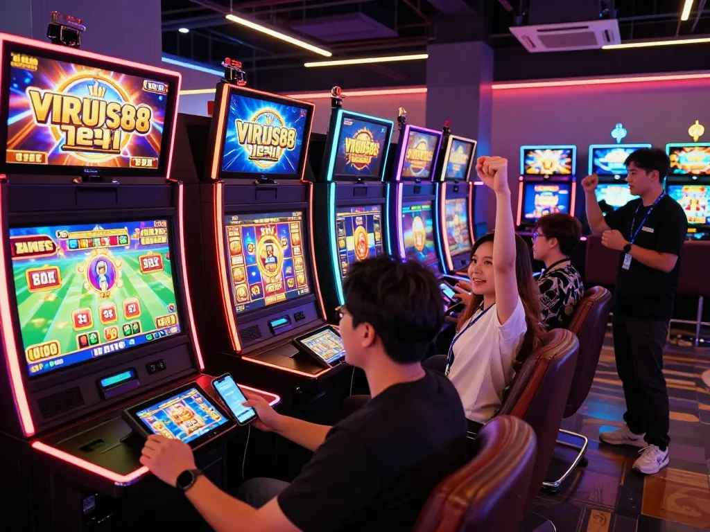 Suasana permainan online yang menarik di VIRUS88 dengan pemain merayakan kemenangan besar.