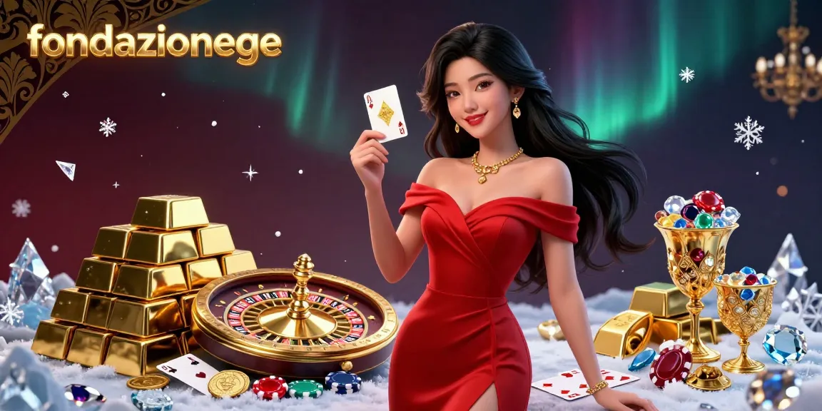 Engage with fondazionege in a vibrant casino scene featuring a beautiful Asian woman, roulette wheel, and sparkling treasures.