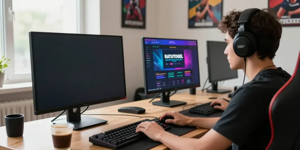 Ratutogel: Pengguna menikmati pengalaman taruhan online di depan komputer modern.