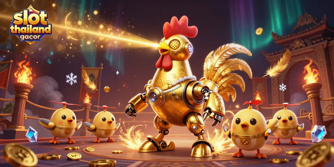 Engage with slot thailand gacor, showcasing thrilling action with a golden rooster robot and baby chick drones.