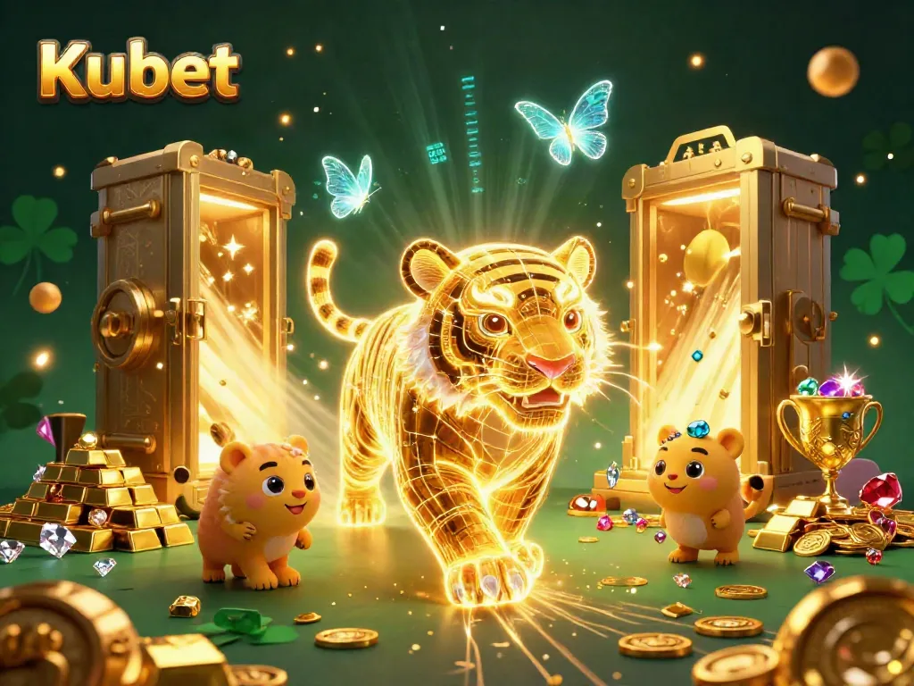 Kubet offers a vibrant digital casino scene with a neon-wireframe tiger, symbolizing excitement and risk.