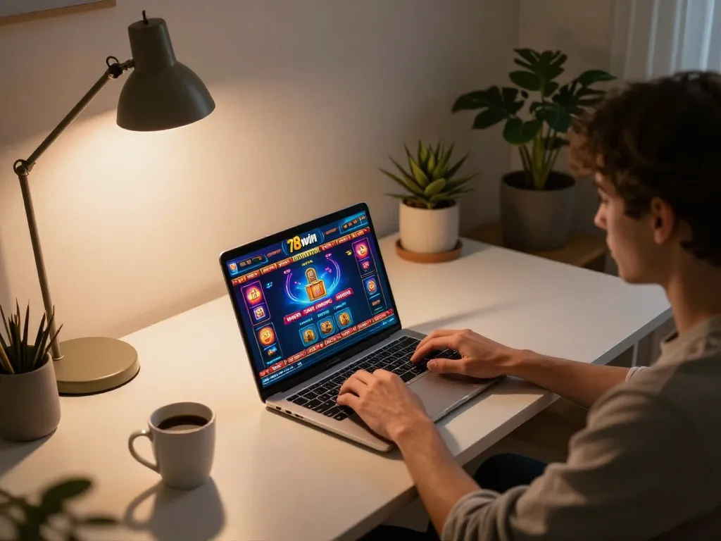 Player engaging with 78win's online casino games from a stylish home setup, showing gaming interface on laptop.