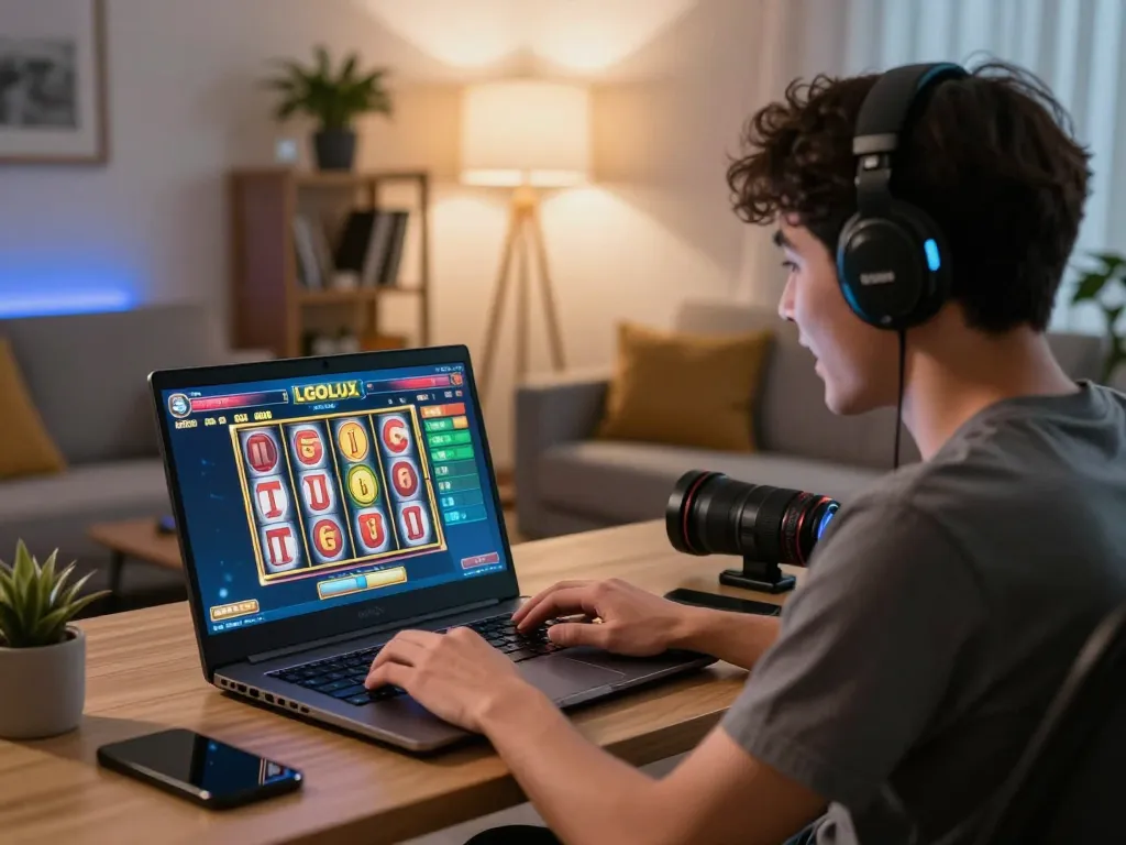 Player engaging with LGOLUX online slot game on a laptop in a cozy home setting.
