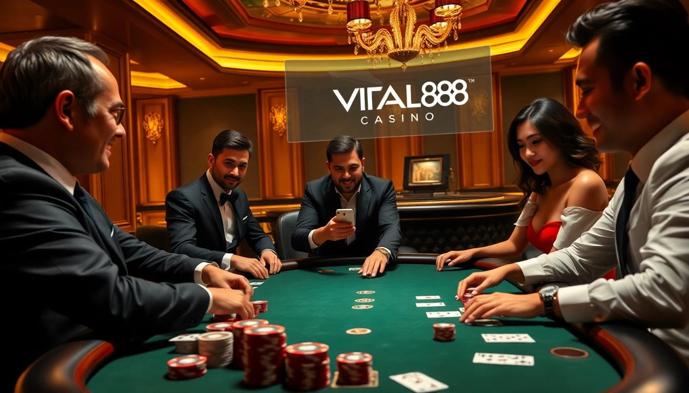 Experience the thrill of high-stakes poker at VIRAL88 with elegant players and vibrant chips.