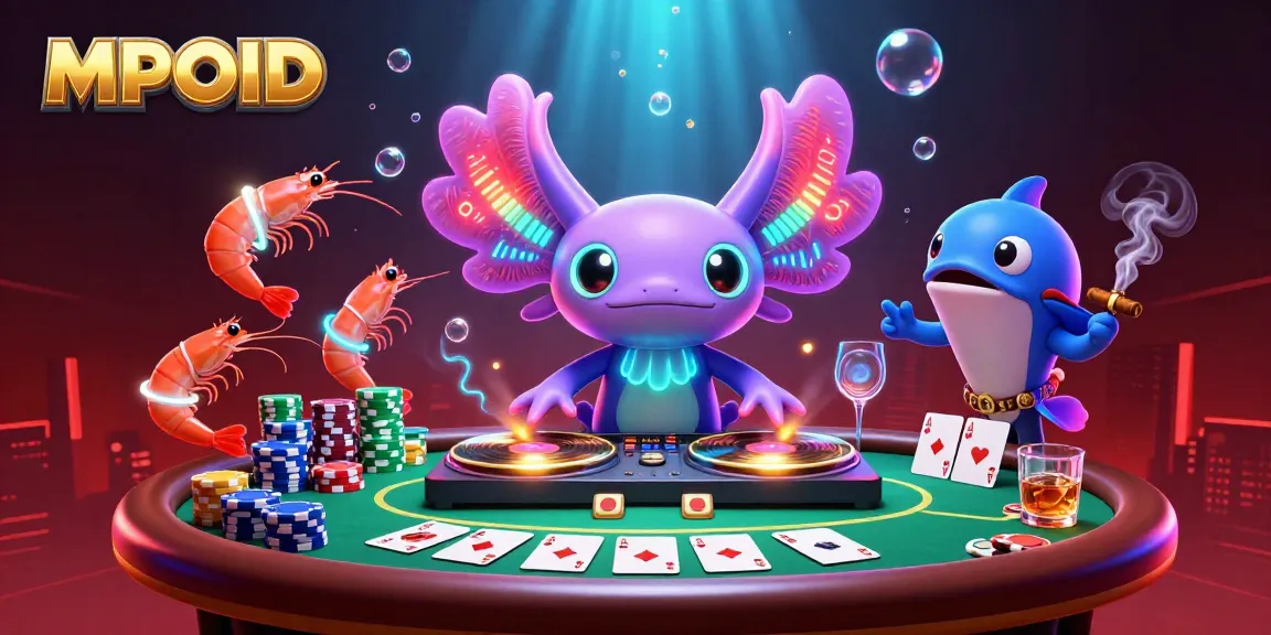 Engage with MPOID's vibrant casino scene featuring a neon axolotl DJ and poker action.