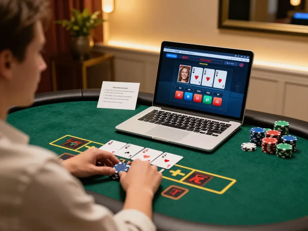 Player engaged in online blackjack using SC88 for strategic gameplay, showcasing betting notes and desktop setup.