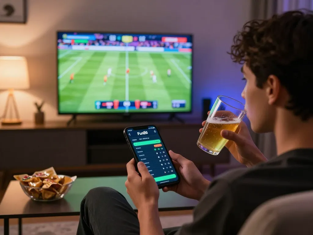 Engaging user placing bets on the Fun88 app while watching live sports action at home.