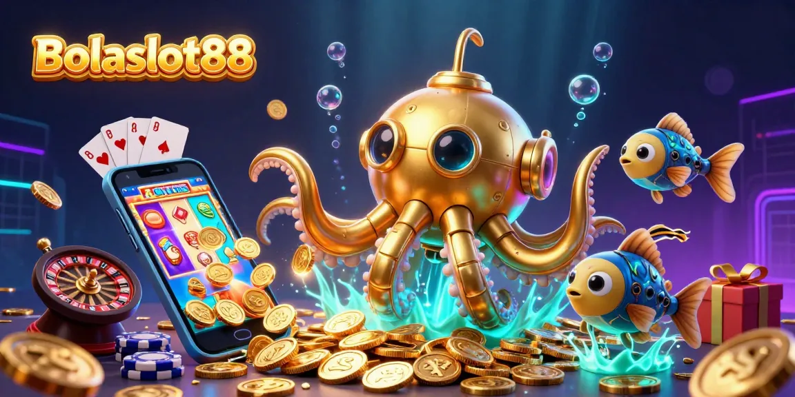 Bolaslot88 reveals a vibrant underwater casino world with a golden kraken submarine amidst rich game elements.