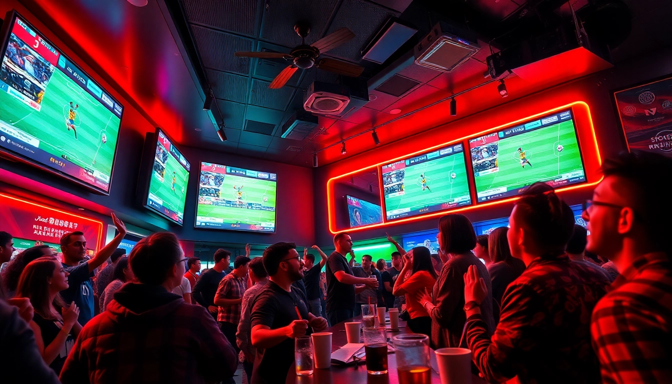 Exciting sports betting scene at a bar, highlighting kèo nhà cái enthusiasm with fans and screens.