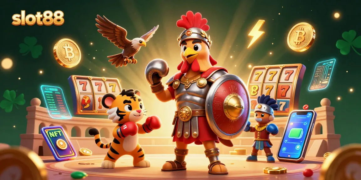 Action-packed scene showcasing slot88's gladiator rooster with jackpot elements and coins.