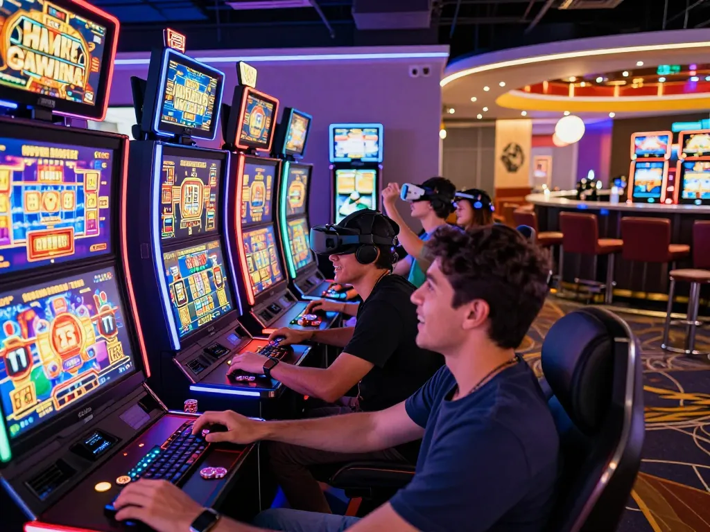 Engaging online gaming environment at vegasslot77.com with colorful slot machines and excited players, showcasing vibrant casino atmosphere.