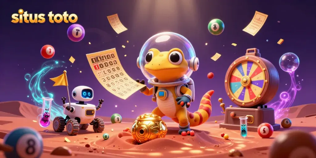 Experience situs toto excitement with a Martian gecko in a golden casino scene, engaging with vibrant lottery elements.