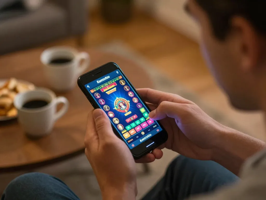Kenzototo pengguna terlibat dalam sesi perjudian online yang menarik di smartphone mereka, menampilkan antarmuka permainan yang hidup.