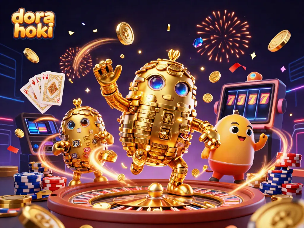 Gamer bersenang-senang di dora hoki dengan simbol slot dan koin emas berjejer.