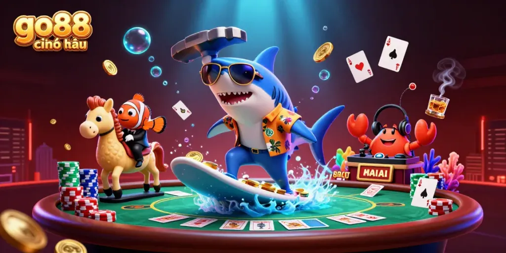 Catch the excitement in go88 chính thức with vibrant casino-themed characters enjoying a lively gaming atmosphere.