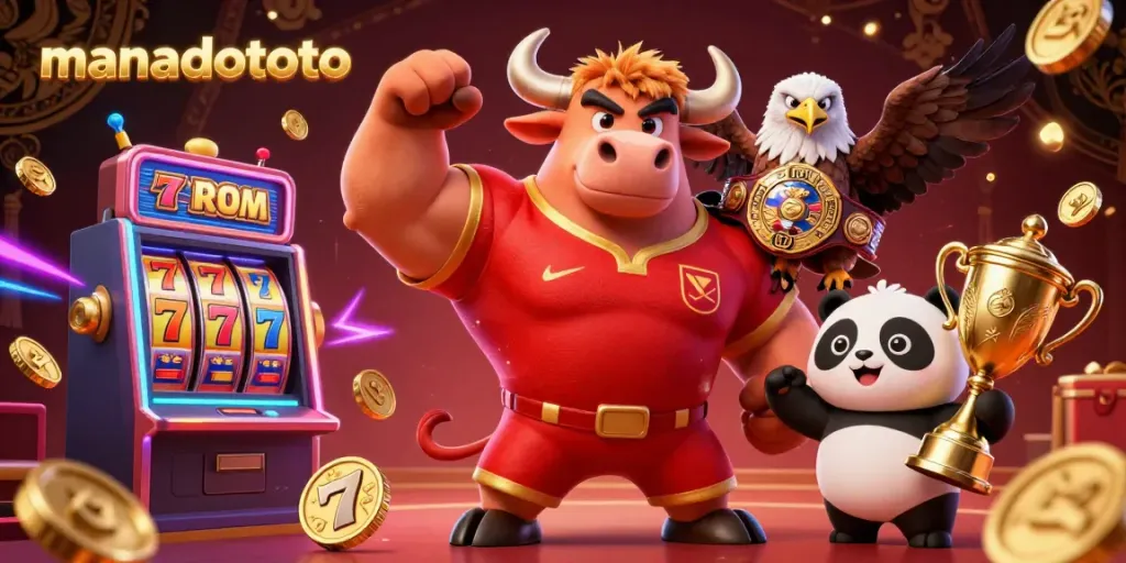 Engage with manadototo through an action-packed casino scene featuring vibrant 3D characters and gaming elements.