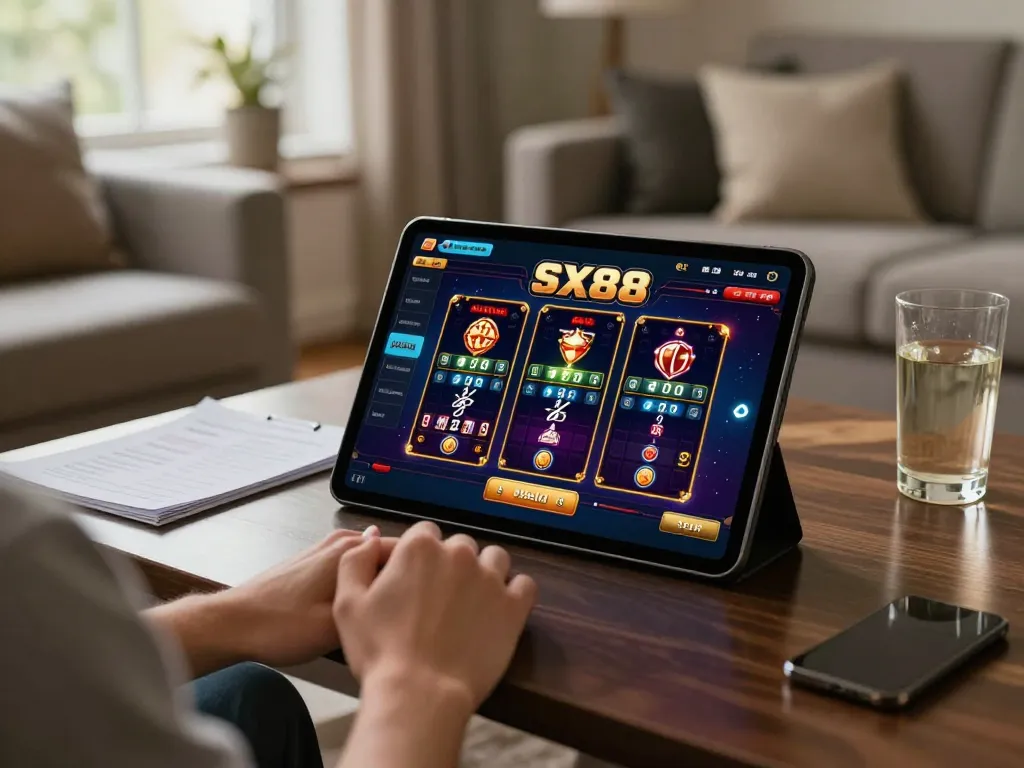 SX88 player enjoying an online casino game on a tablet in a cozy home setting