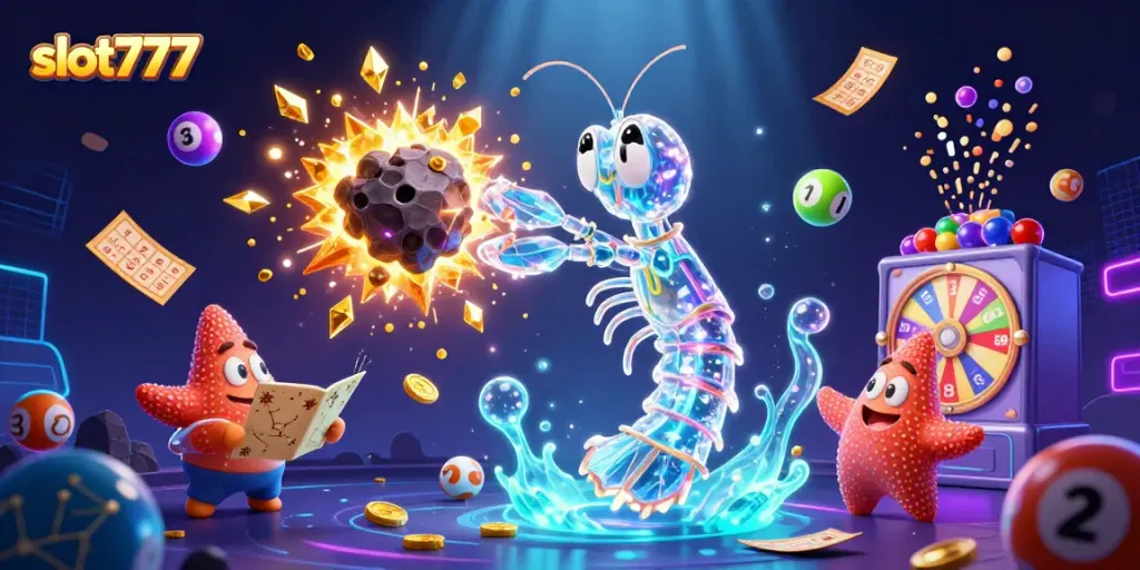 Spin to win with slot777 in a vibrant 3D casino adventure filled with gems and laughter.
