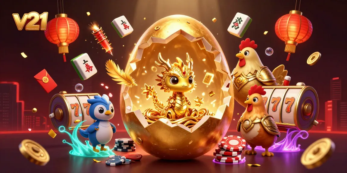 Ilustrasi 3D v21 menampilkan telur emas yang pecah dengan naga emas dalam nest chip poker, dikelilingi elemen kasino.