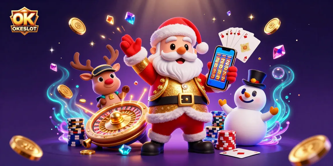 Permainan slot menarik di OKESLOT dengan Santa Claus, rusa, dan manusia salju di kasino.
